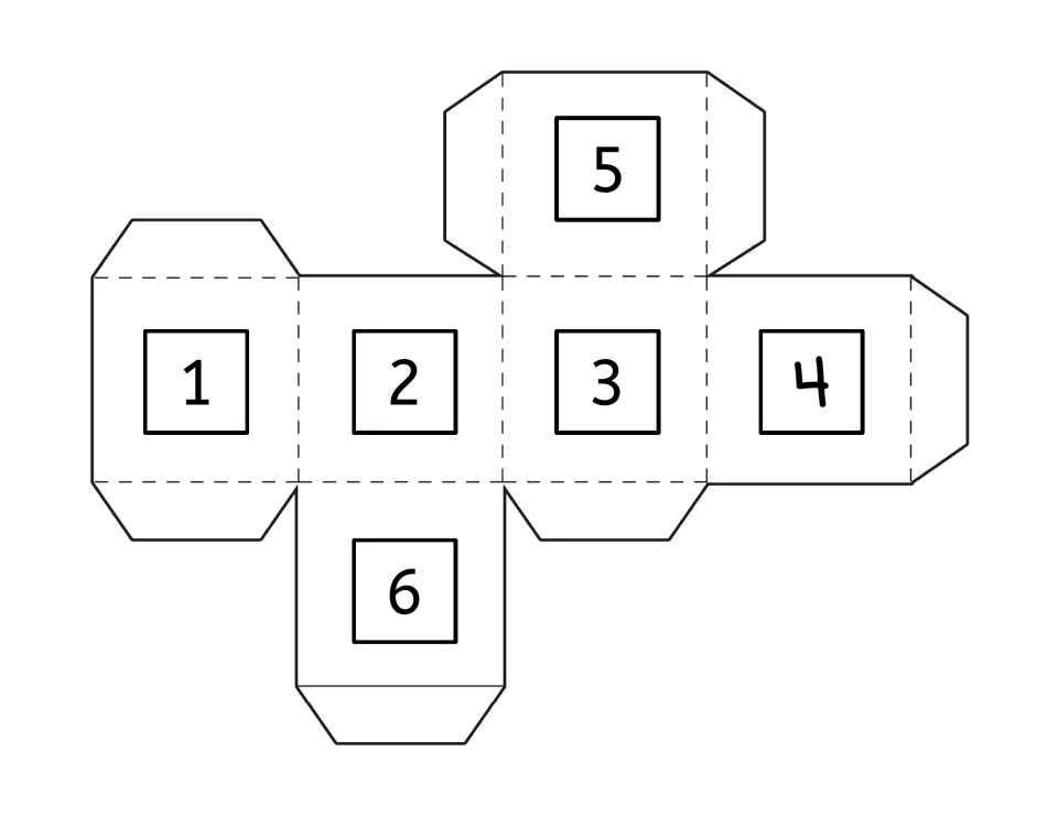 Black-and-white number die template showing faces 1 through 6, to cut out and fold for use with the 1-6 strips
