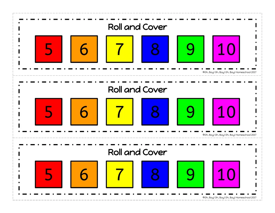 Numbers 5 to 10: students roll and cover each matching number on three color 'Roll and Cover' strips