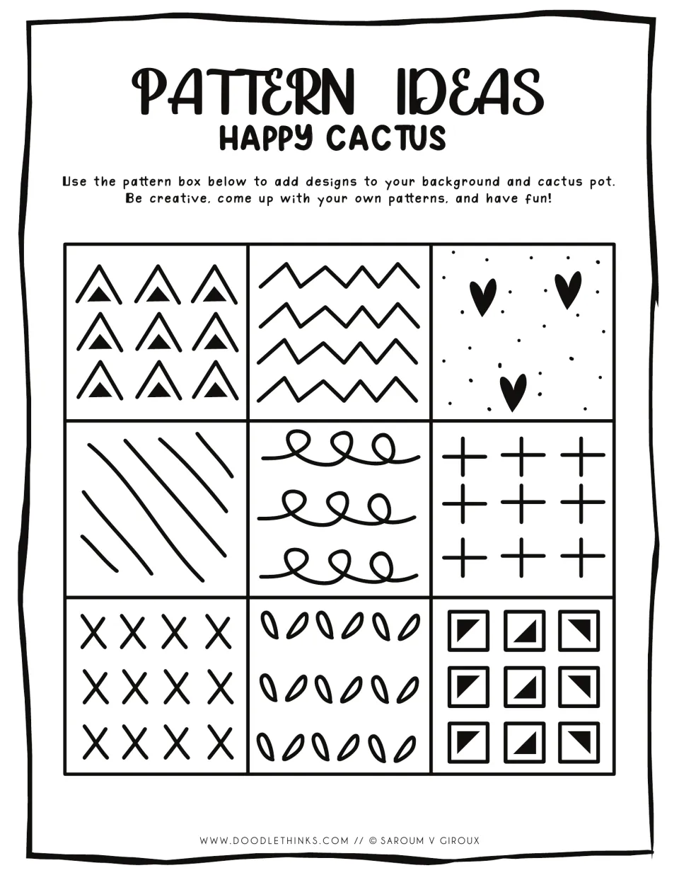 Pattern ideas: nine sample designs such as zigzags, hearts, loops and crosses to decorate the cactus pot and background