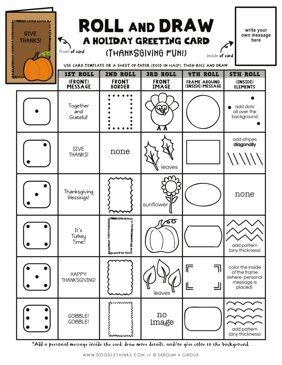 Thanksgiving roll and draw game in color: students roll 5 times to pick a card message, border, image, frame and pattern