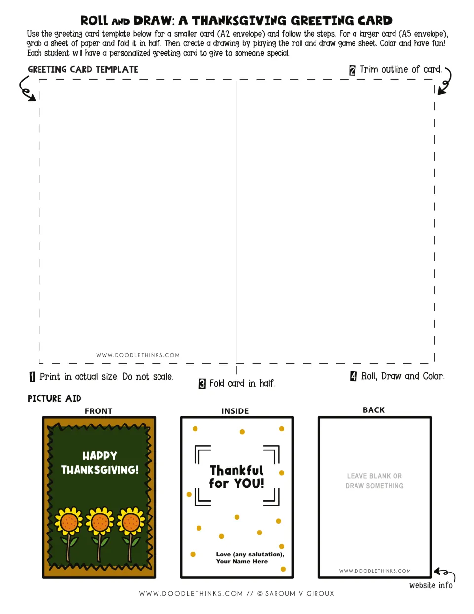 Thanksgiving greeting card template: students print, trim and fold it, guided by a color front, inside and back example