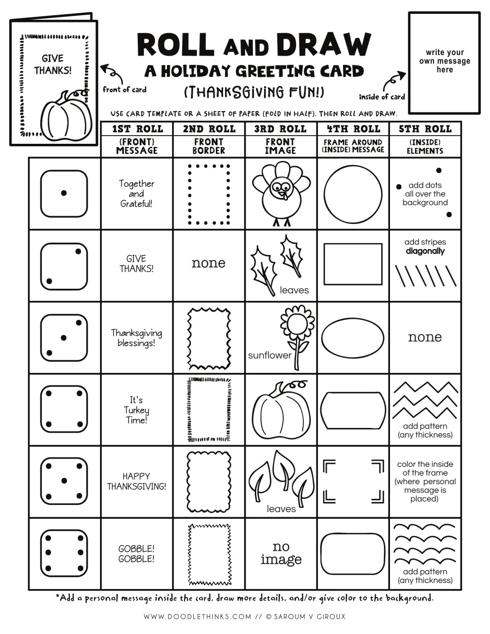 Black-and-white roll and draw sheet: dice rolls choose a turkey, pumpkin or sunflower image, border and a holiday message