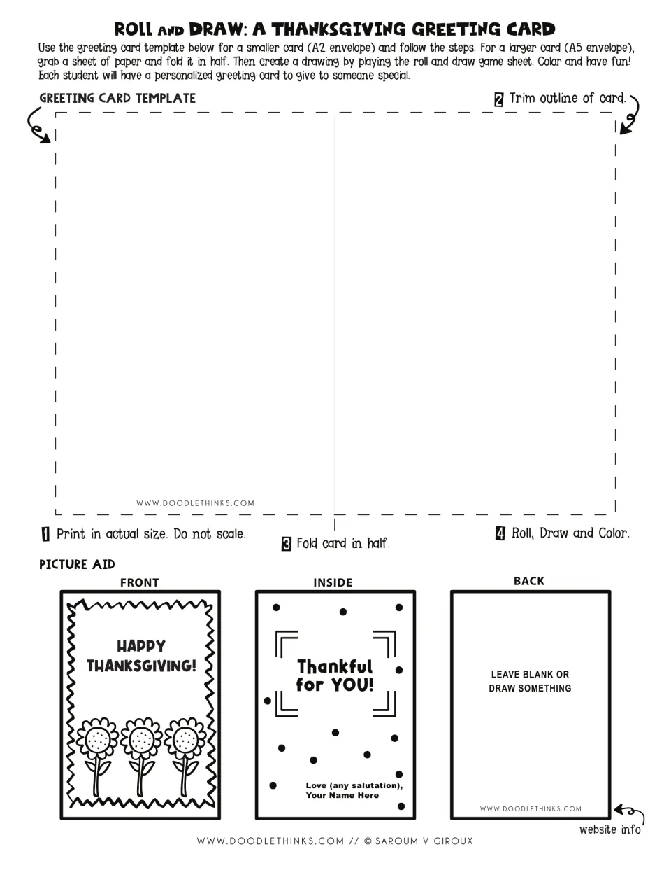 Black-and-white card template: students print, trim and fold it, guided by a Happy Thanksgiving front and inside example