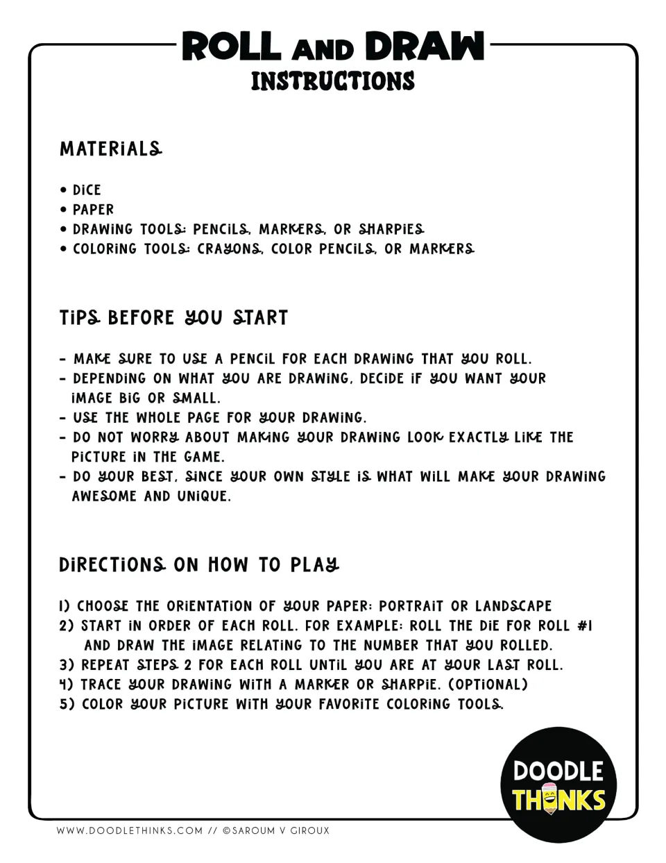 Roll and draw instructions: materials list, tips before starting and five steps for rolling a die and drawing each image