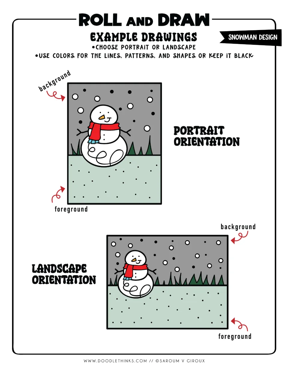 Example snowman drawings in color, portrait and landscape, with the background and foreground of each scene labeled