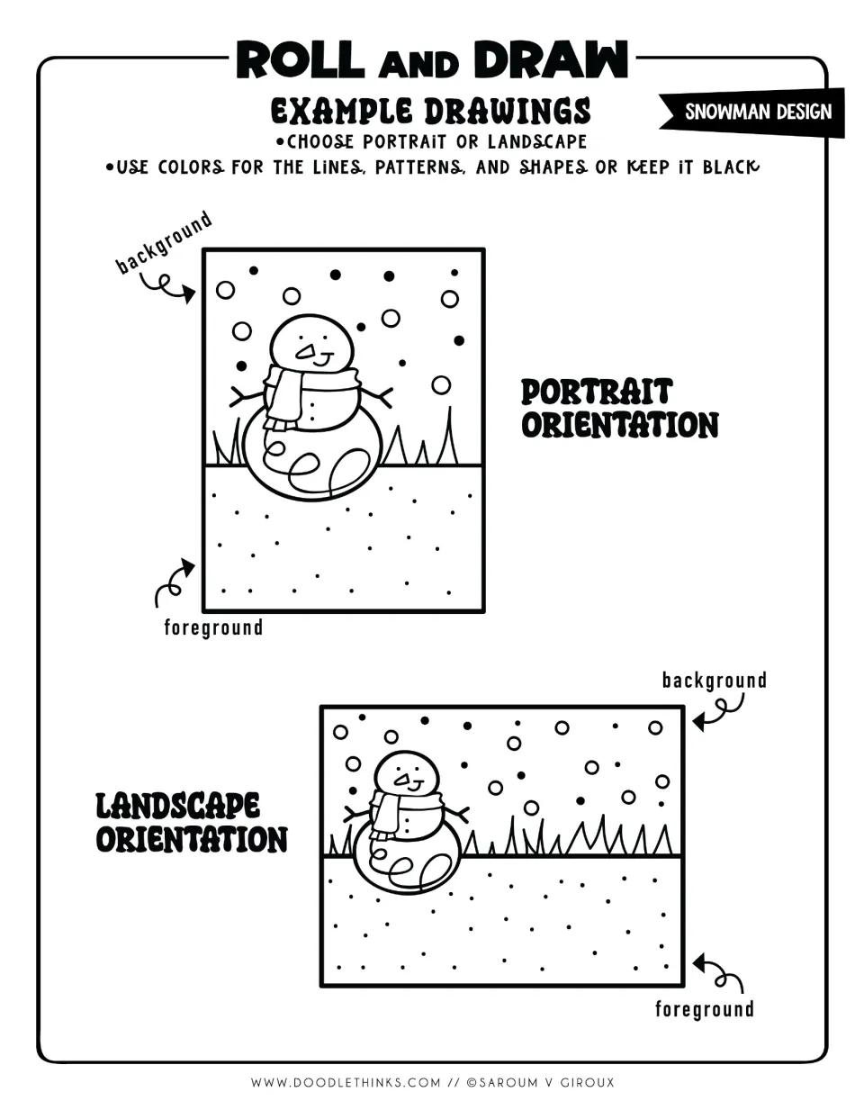 Black-and-white example snowman scenes in portrait and landscape, with background and foreground marked