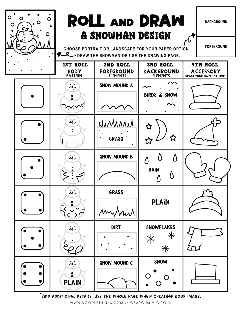 Black-and-white snowman roll chart: die faces 1 to 6 match body patterns, snow mounds, grass, moon, rain and mittens