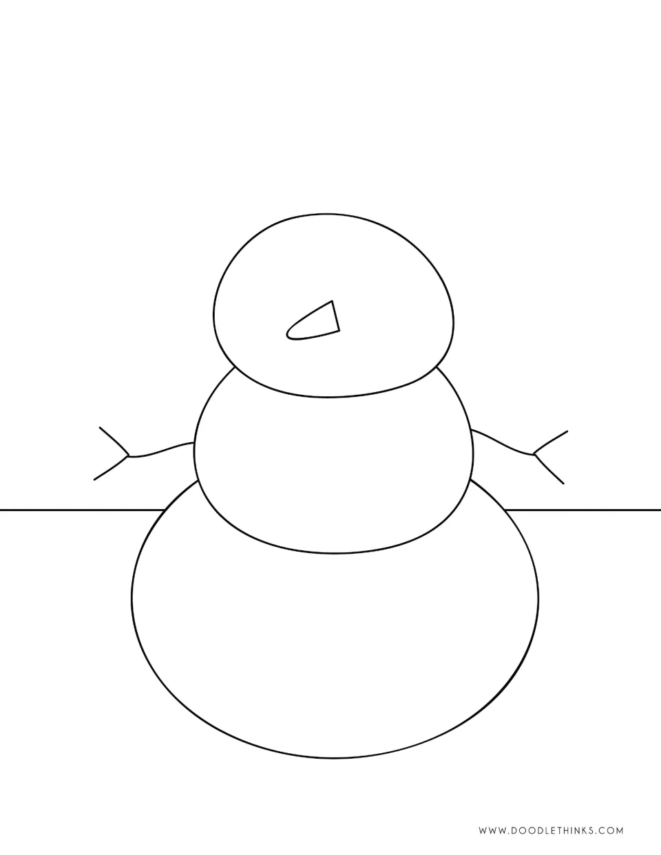 Portrait snowman drawing page: blank three-part snowman with carrot nose and stick arms for students to add rolled details