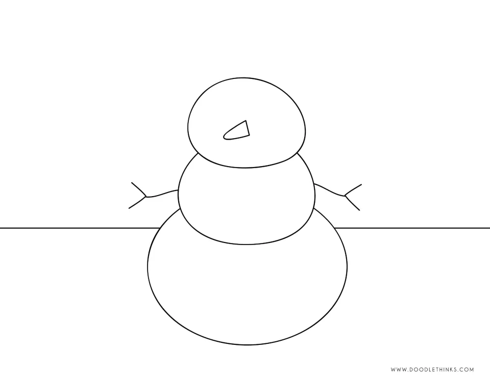 Landscape snowman drawing page: outlined snowman on a horizon line, ready for rolled patterns, accessory and scenery