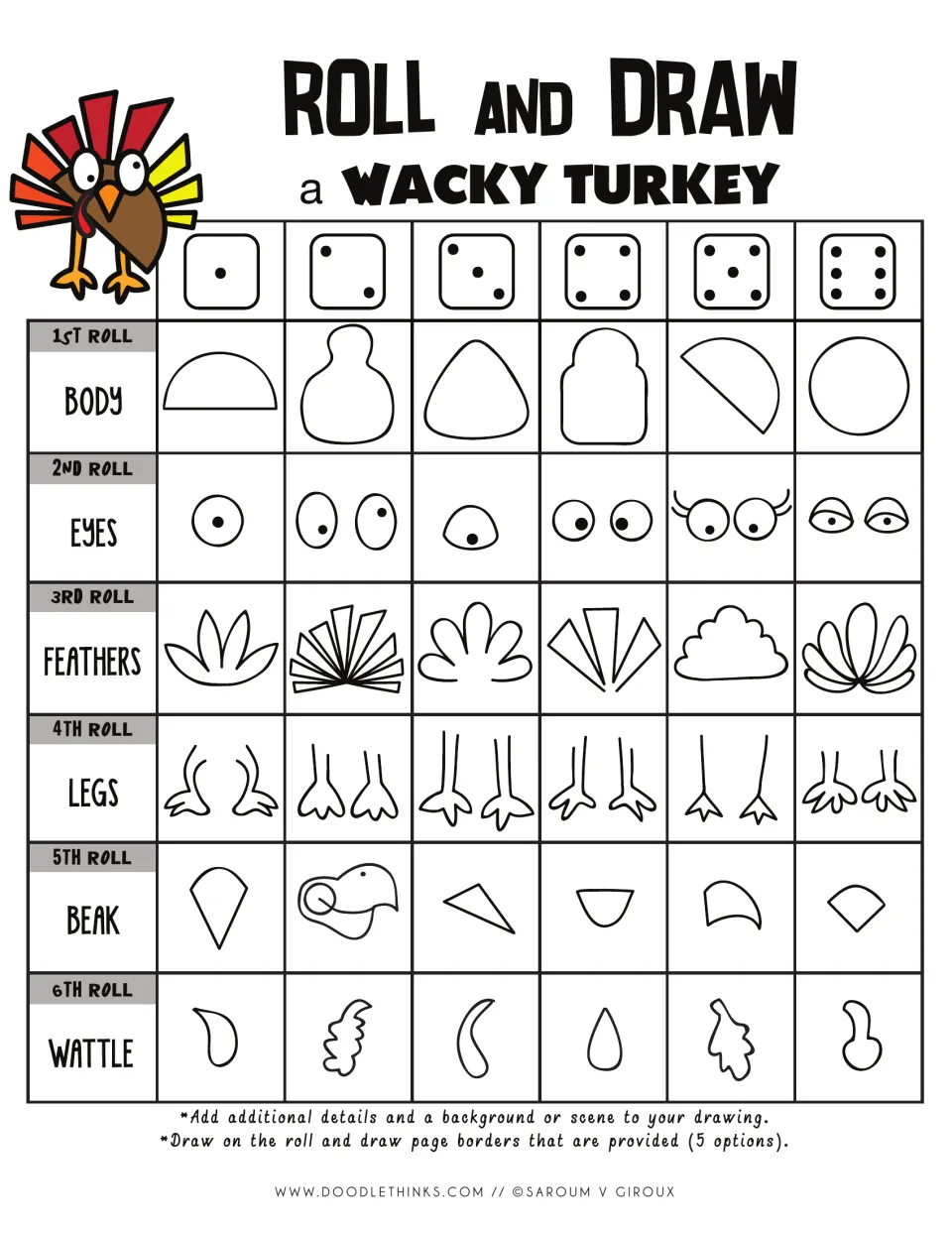 Wacky turkey dice chart: students roll six times to pick a body, eyes, feathers, legs, beak and wattle shape to draw