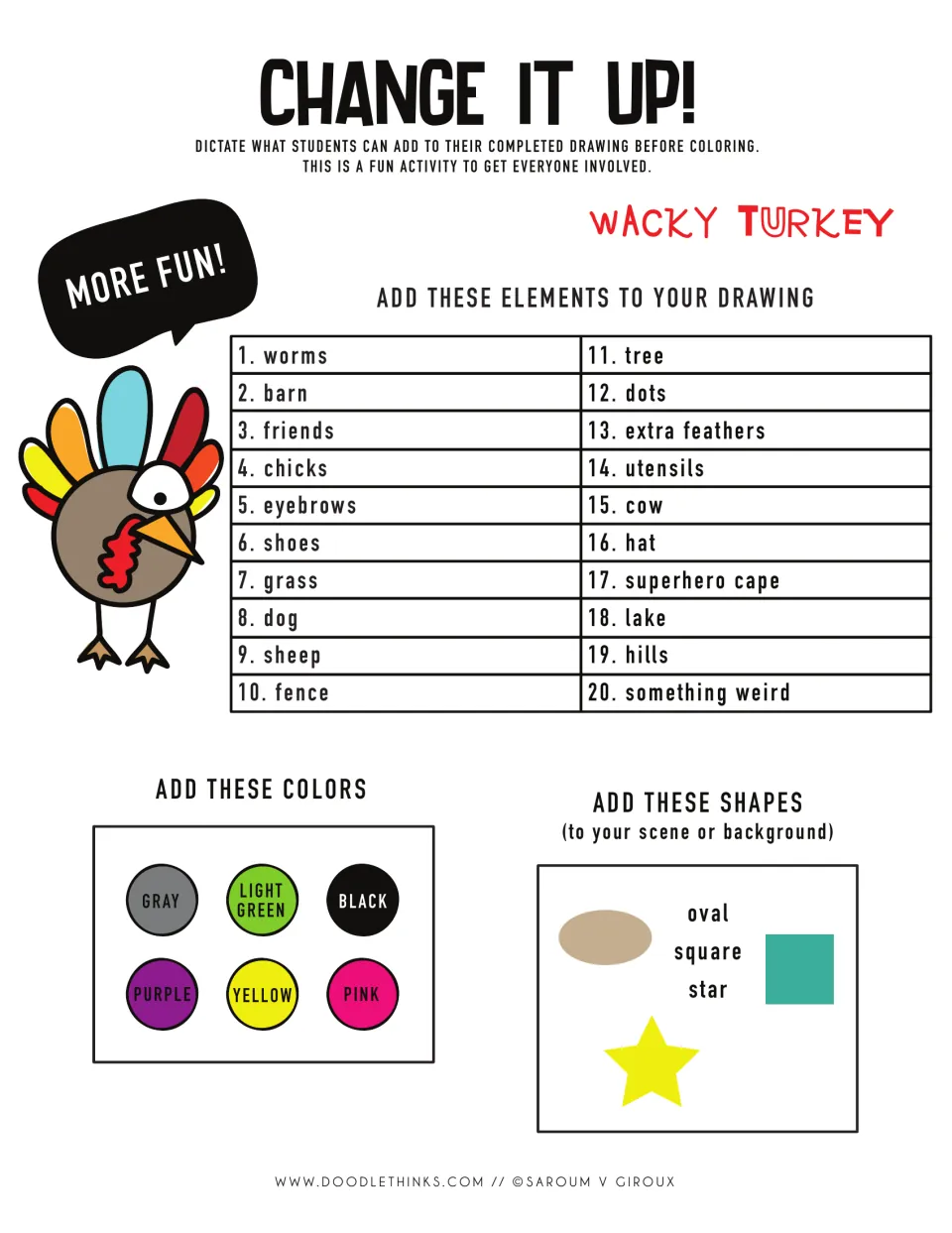 Change It Up! extension: teacher calls out extras like a barn, hat or superhero cape, plus colors and shapes to add