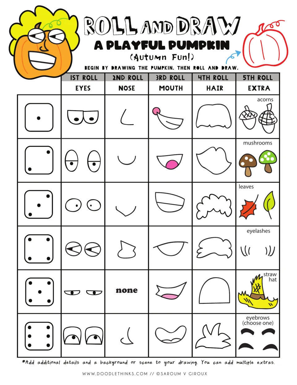 Pumpkin roll and draw chart: students roll a die five times to pick eyes, nose, mouth, hair and an autumn extra