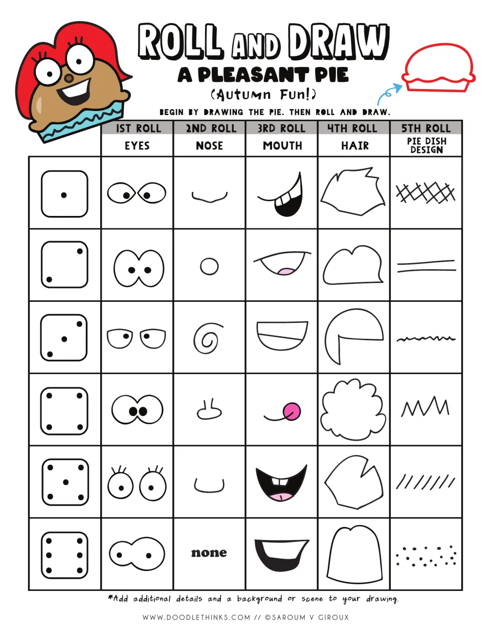 Roll and draw a pleasant pie: students draw a pie, then roll a die to pick its eyes, nose, mouth, hair and dish design