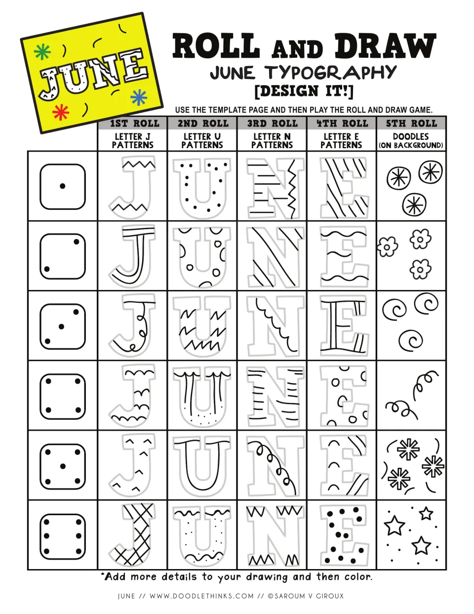 June typography roll and draw game: students roll a die five times to pick patterns for J, U, N, E and background doodles