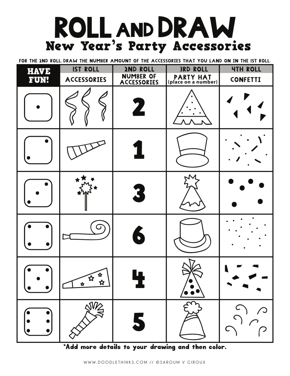 New Year's party roll-and-draw: students roll a die four times to pick an accessory, how many, a party hat and confetti