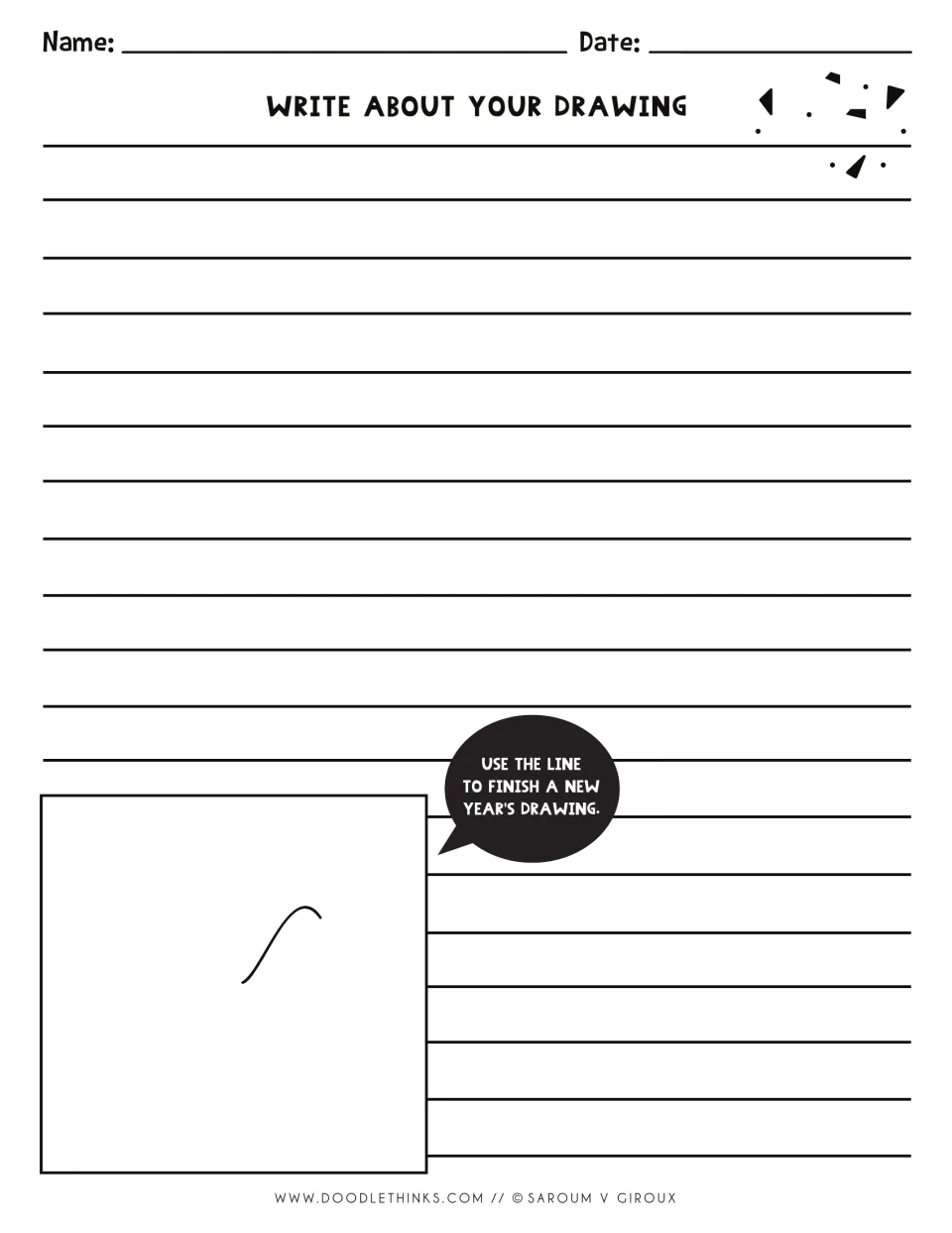 Write about your drawing: students describe their New Year's art, then turn one printed curve into a new holiday drawing