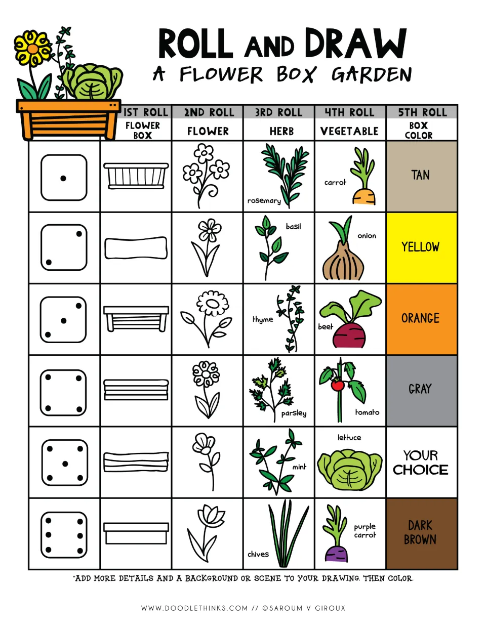 Roll and draw a flower box garden: five die rolls pick a planter, flower, herb, vegetable and box color to draw