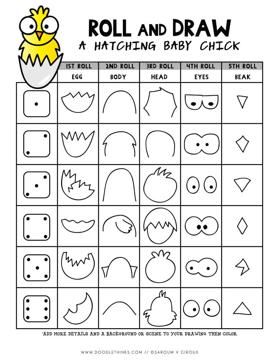 Hatching chick dice game: students roll five times to pick an egg, body, head, eyes and beak, then draw and color