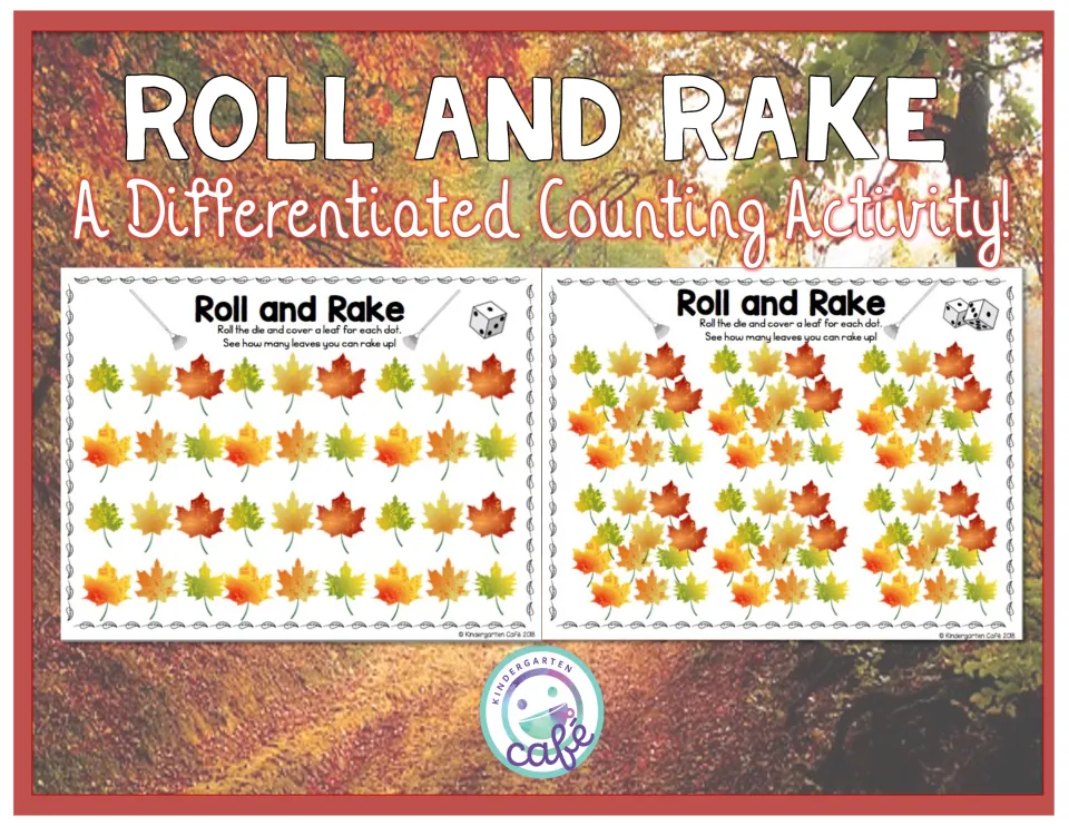 Roll and Rake cover: a differentiated fall counting activity, shown with one-die and two-dice leaf game boards