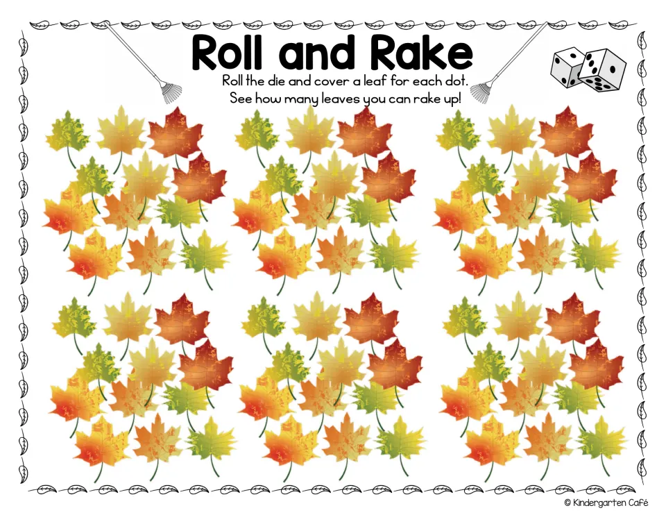 Two-dice leaf counting board: students roll, count all the dots and cover that many leaves in six clusters of 10