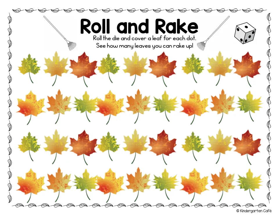 Counting dots to cover leaves: students roll one die and cover a leaf per dot on 36 maple leaves set in four rows