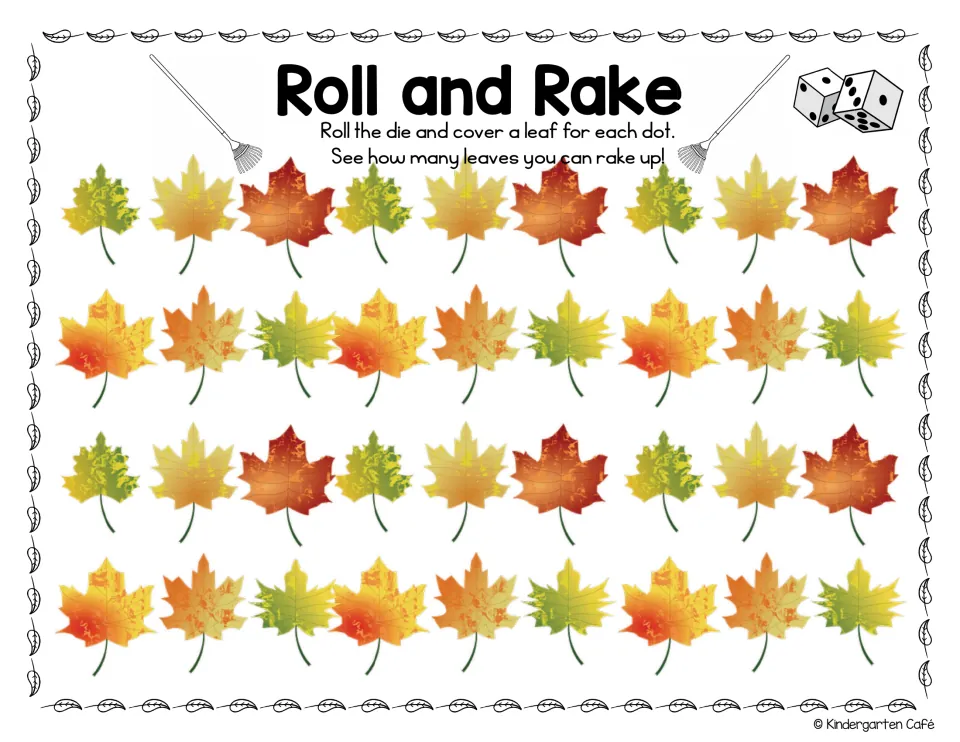 Dice dot counting with leaves: students roll two dice and cover one leaf per dot on 36 maple leaves in four rows