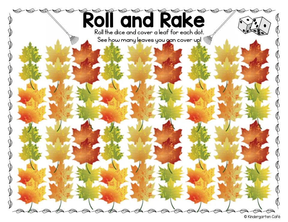Leaf cover-up counting: students roll the dice and cover a leaf for each dot on a full board of 72 overlapping leaves