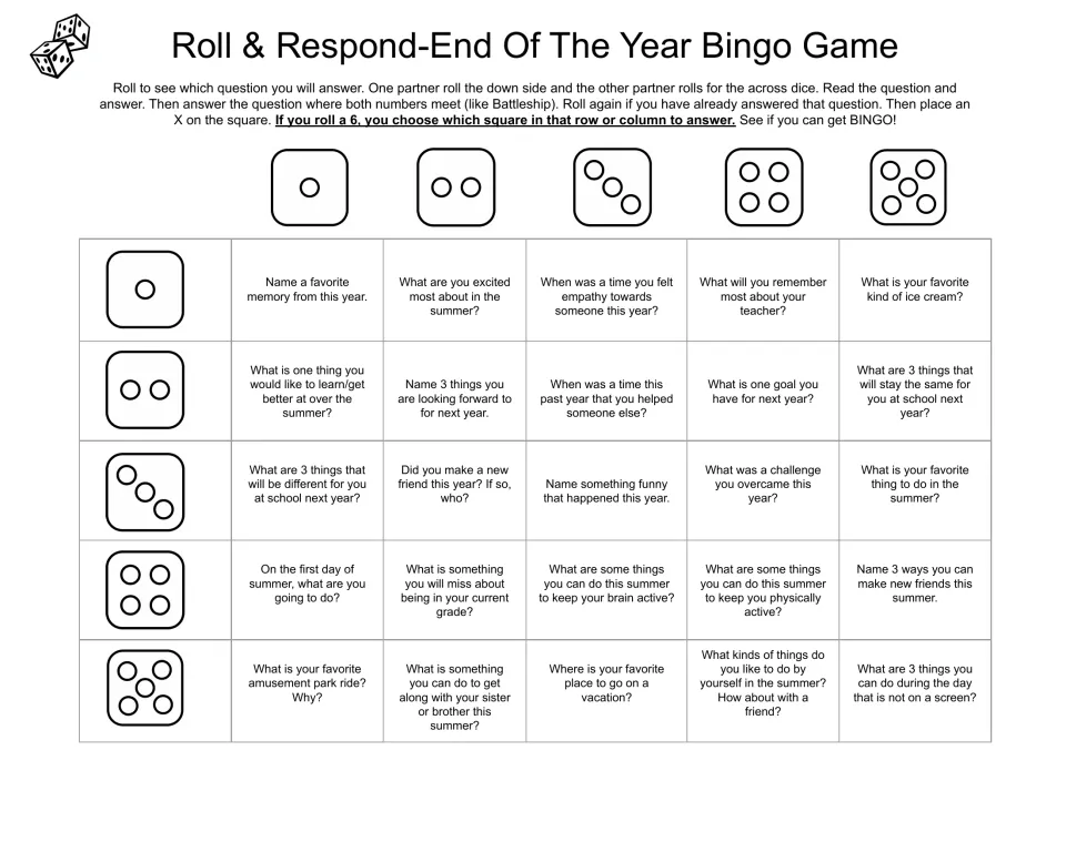 End-of-year reflection bingo: partners roll two dice to pick one of 25 questions on memories, summer and next year