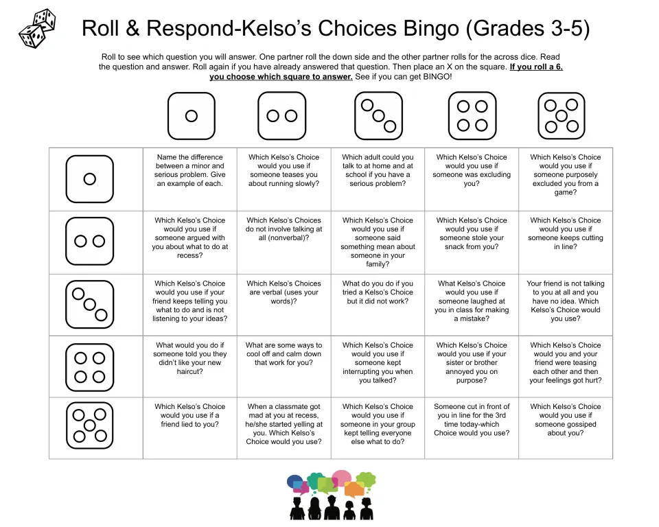 Kelso's Choices conflict bingo: partners roll dice to pick 1 of 25 scenario questions, answer it and mark an X