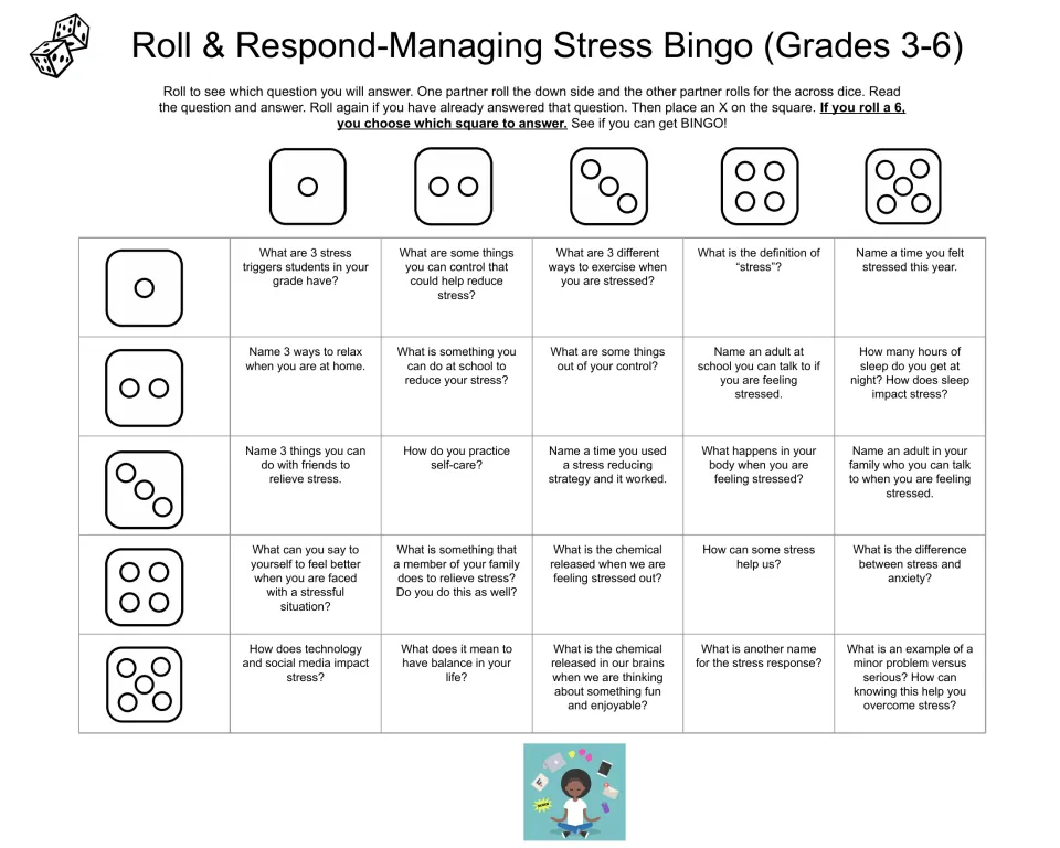 Managing stress bingo: partners roll two dice to pick one of 25 questions on triggers, self-care, sleep and coping