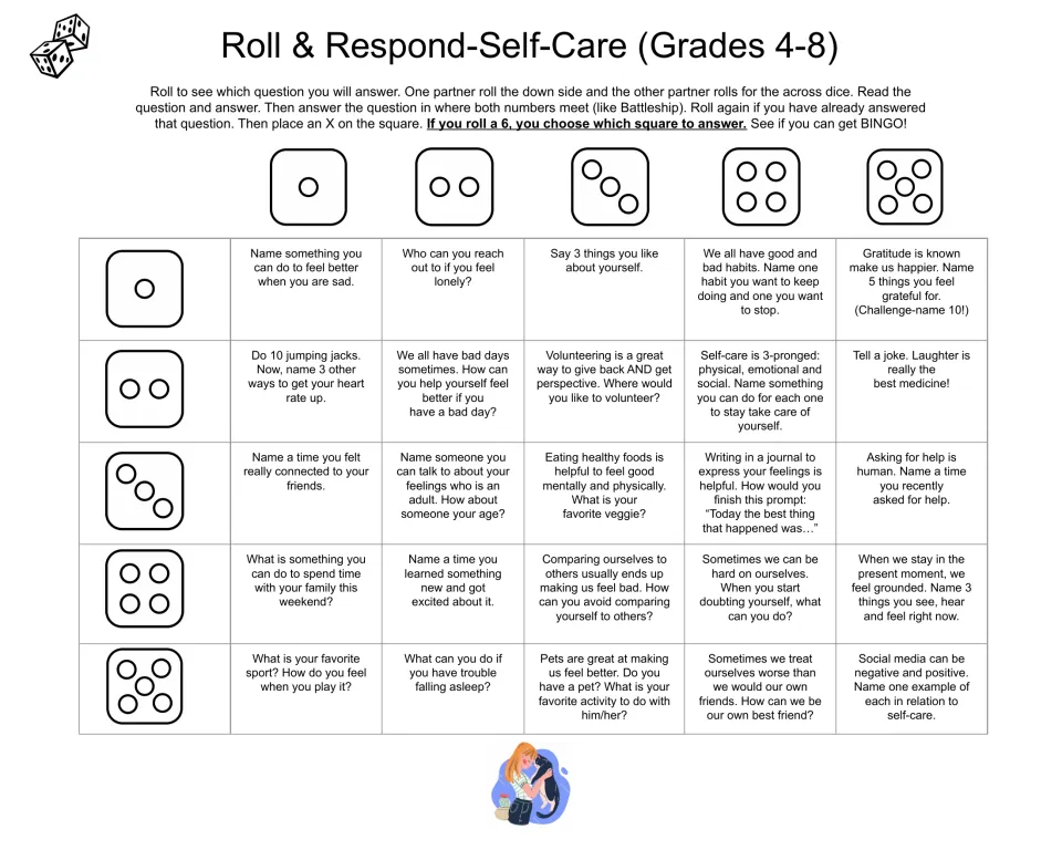 Self-care bingo game sheet with 25 prompts about feelings, healthy habits, friendships, sleep, and gratitude.