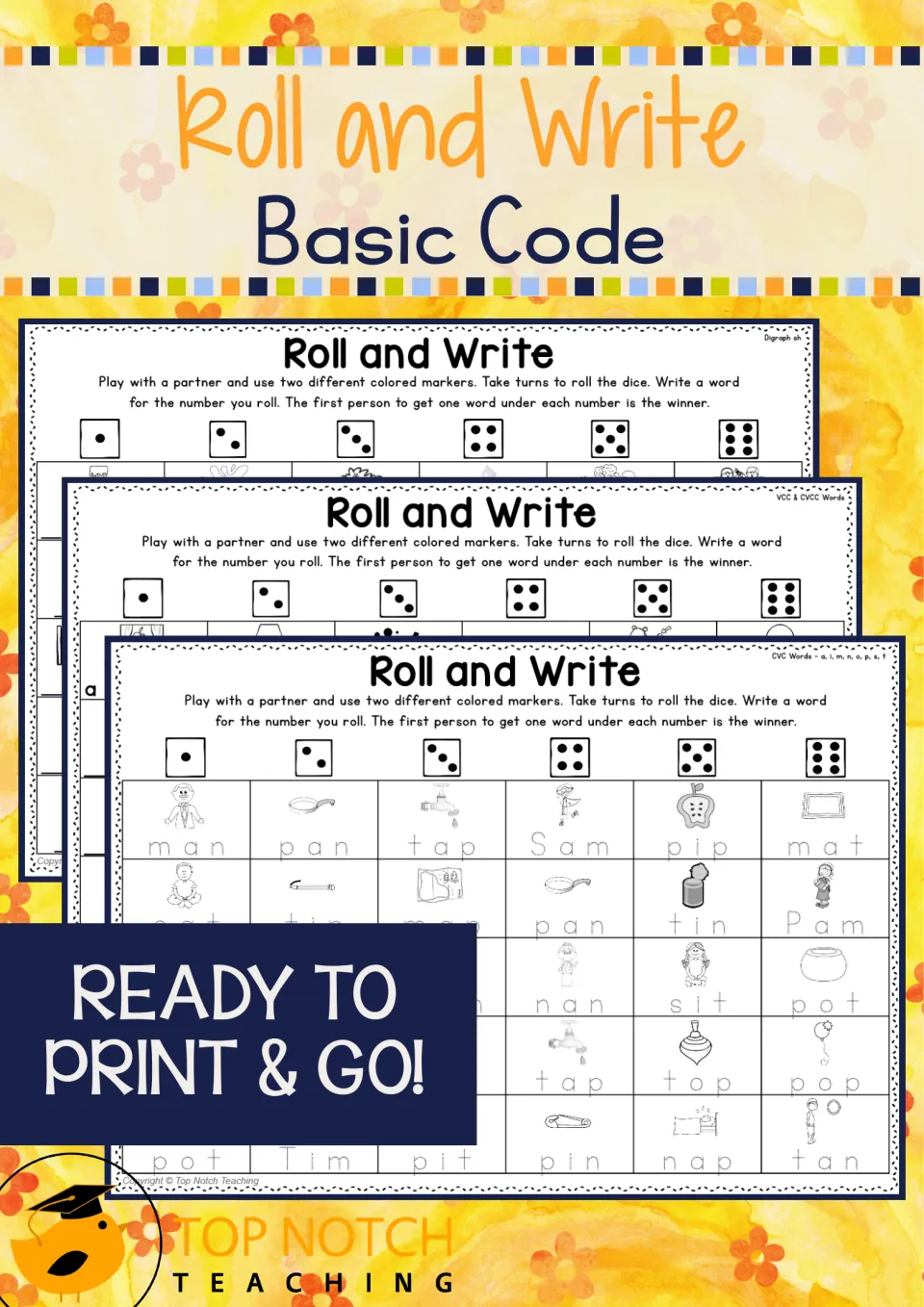 Cover of Roll and Write Basic Code Games showing sample spelling boards for CVC words and digraph sh