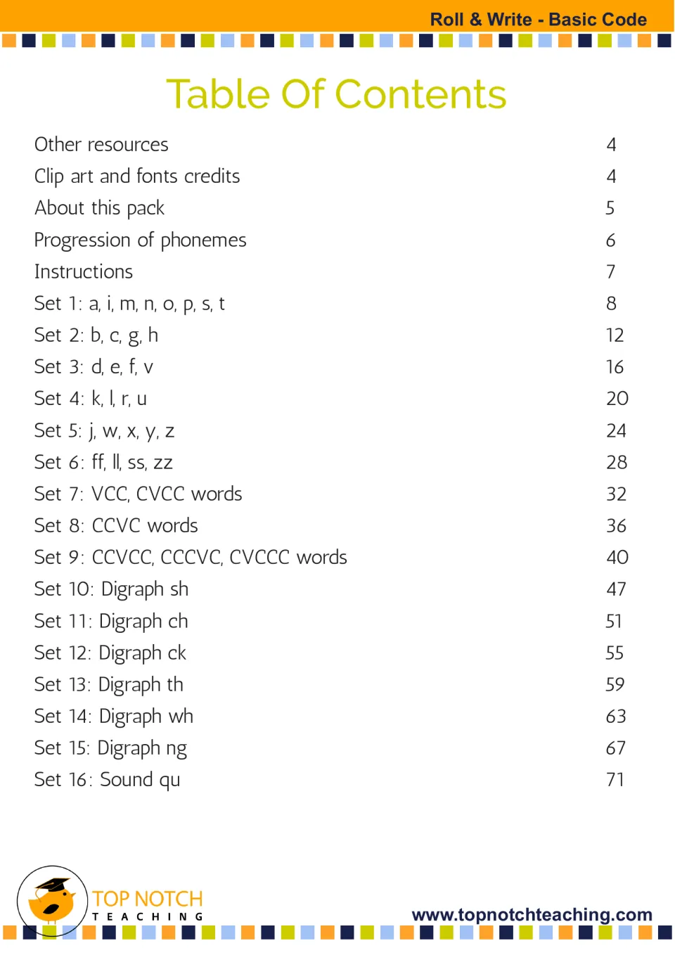 Table of contents for the spelling games, listing instructions and 16 word sets from CVC words to qu