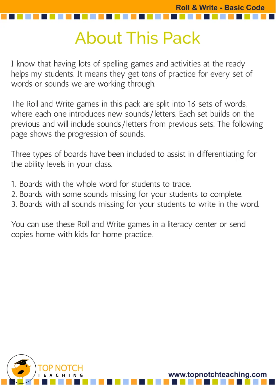 Pack overview explains 16 cumulative word sets and three board types: tracing, missing sounds, and whole words