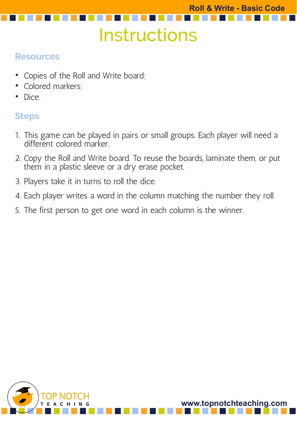 Game instructions explain using colored markers and dice to roll and write words, with board reuse options