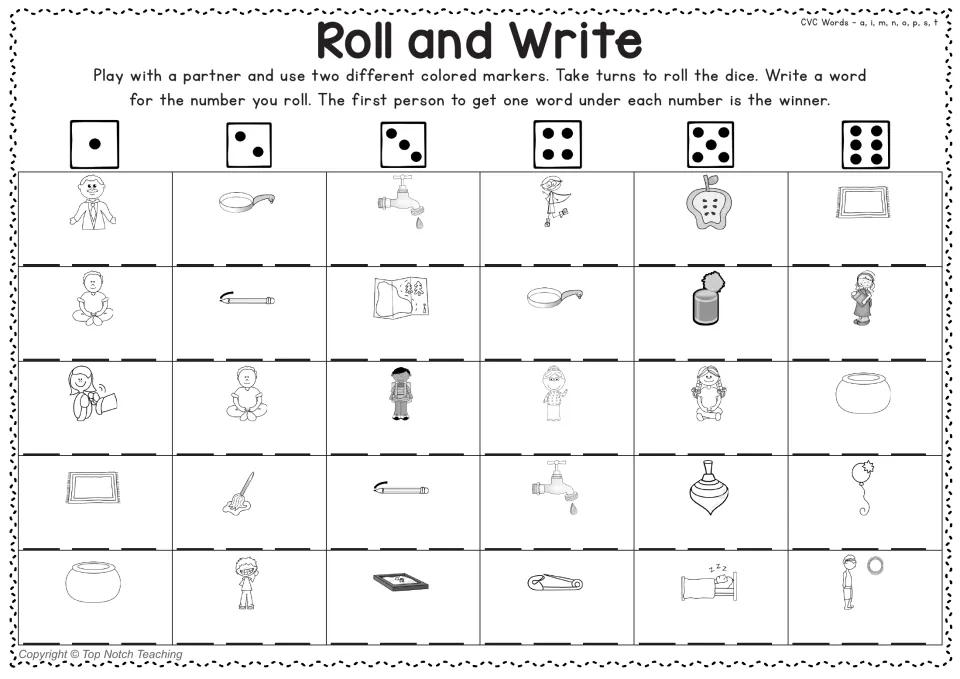 Set 1 whole-word writing game board gives picture clues for CVC words including man, pan, tap, and mat