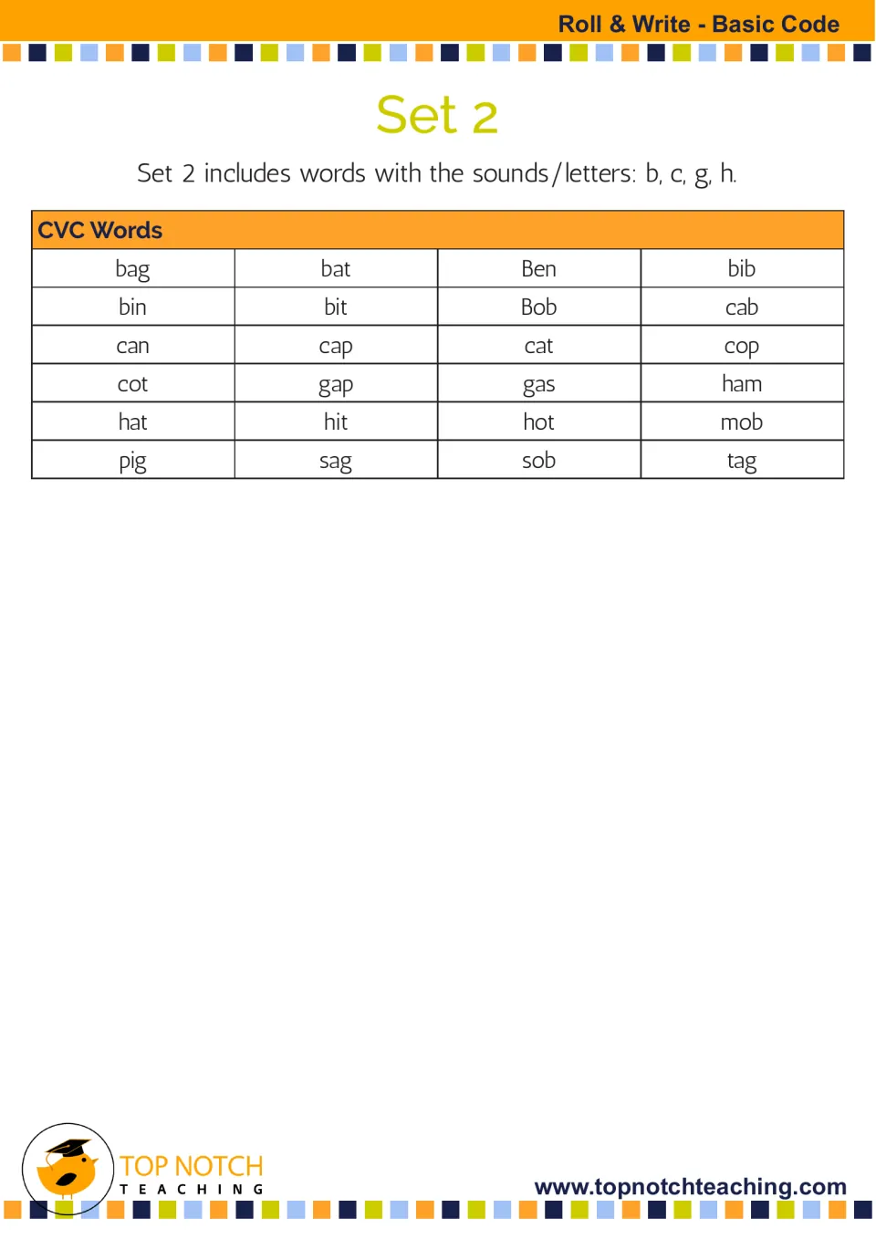 Set 2 word list introduces b, c, g, and h through 24 CVC words, including bag, bat, Ben, bib, bin, and bit