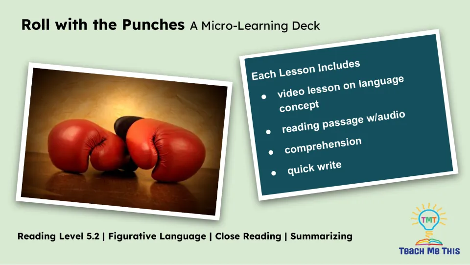 Lesson overview lists a language concept video, reading passage with audio, comprehension, and a quick write