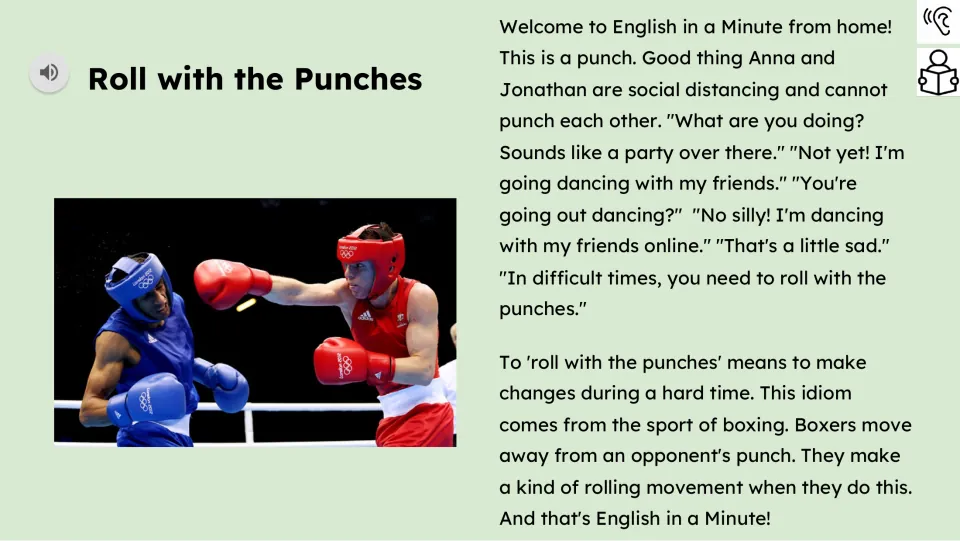 Reading passage explains adapting during hard times and the idiom's origin in boxers moving away from punches