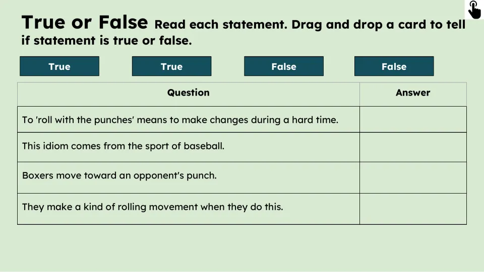 True-or-false activity checks four statements about the idiom's meaning, its sport of origin, and boxing moves