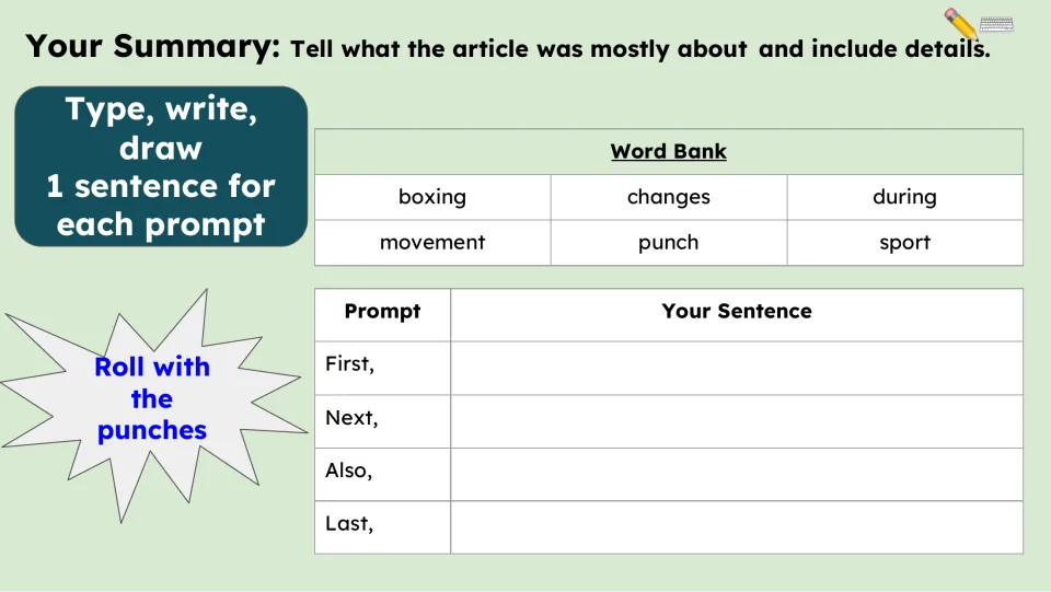 Summary activity asks for one sentence per prompt: First, Next, Also, and Last, supported by six words