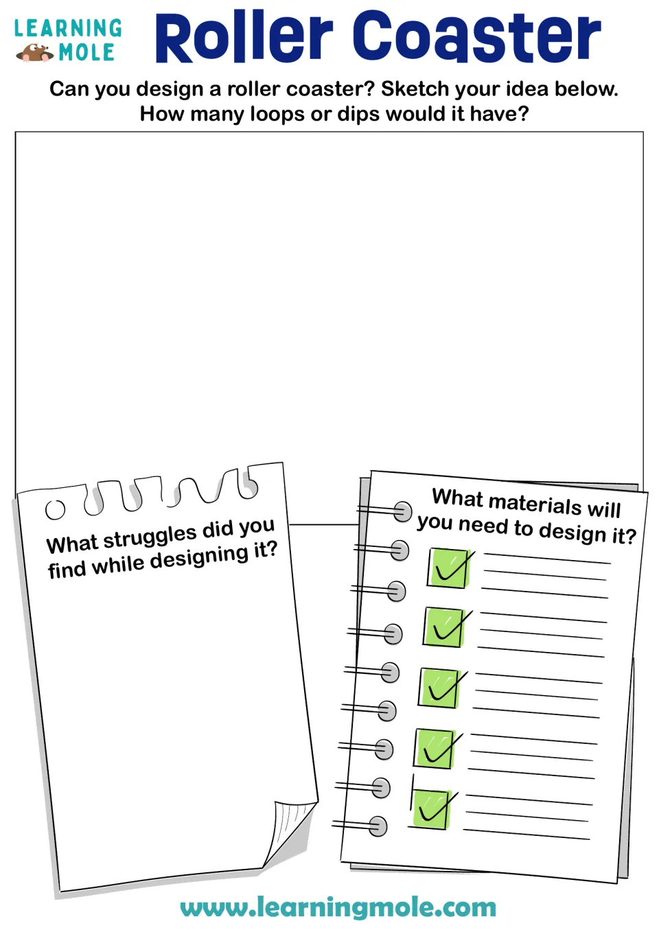 Design a coaster: students sketch a ride with loops or dips, list materials needed and note struggles while designing