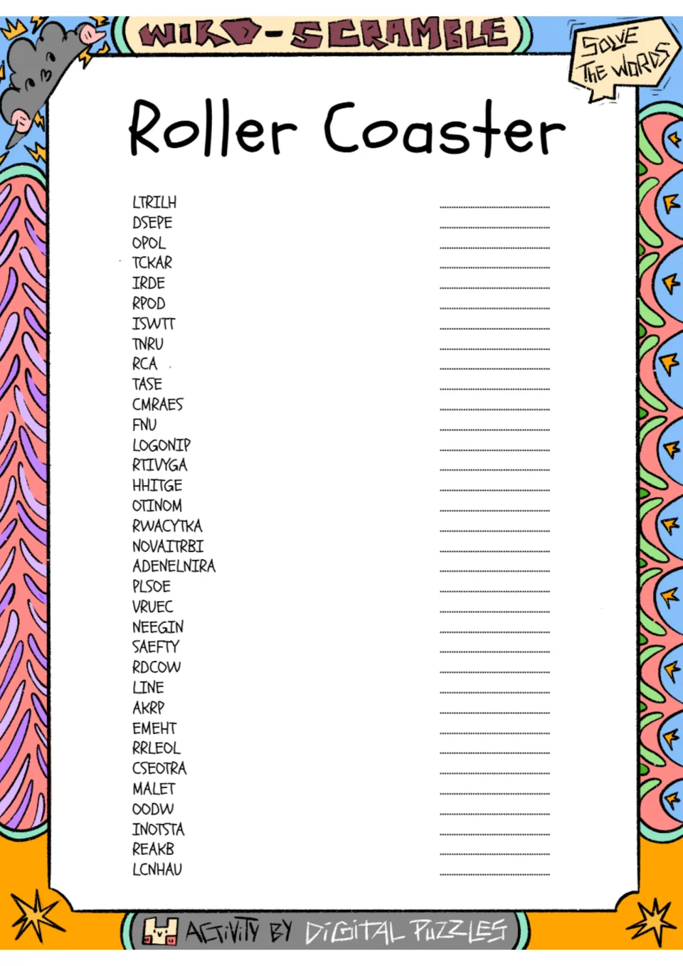 Roller coaster word scramble: students unscramble 34 ride words such as LTRILH, DSEPE and OPOL and write each on its line