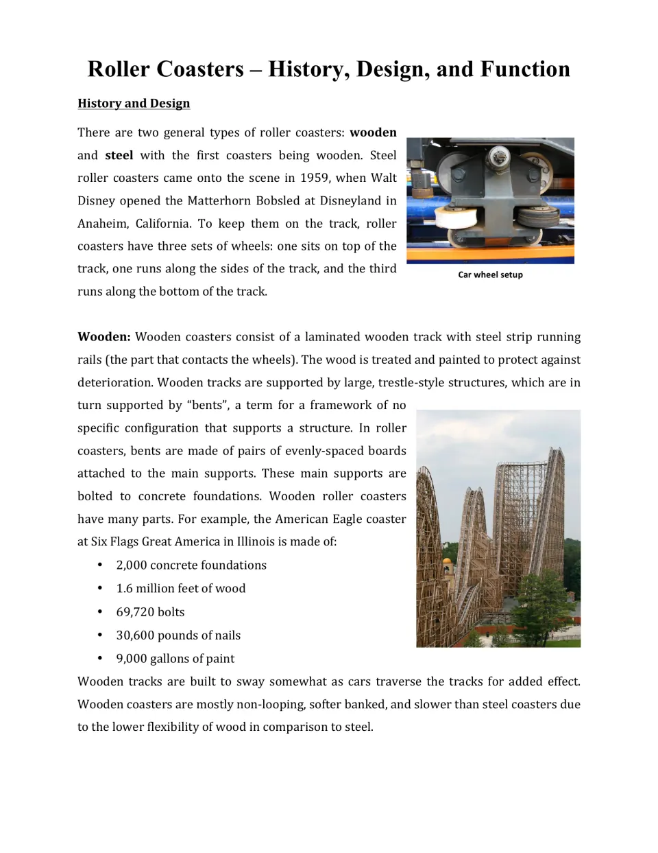 Roller coaster history and design: students read about wooden vs steel coasters, car wheel setup and American Eagle parts