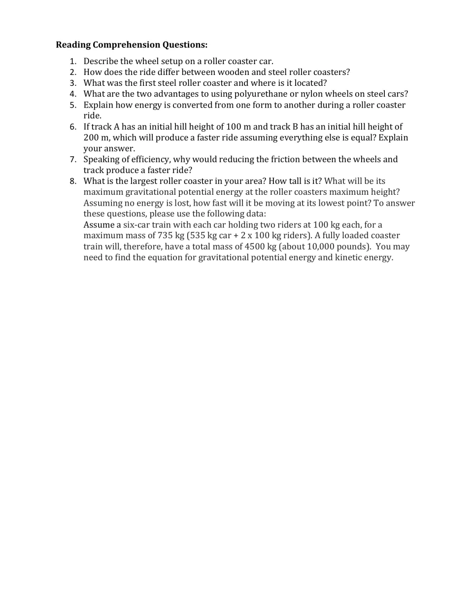 Reading questions: students answer 8 items on coaster wheels, wood vs steel, energy conversion and a GPE/KE calculation