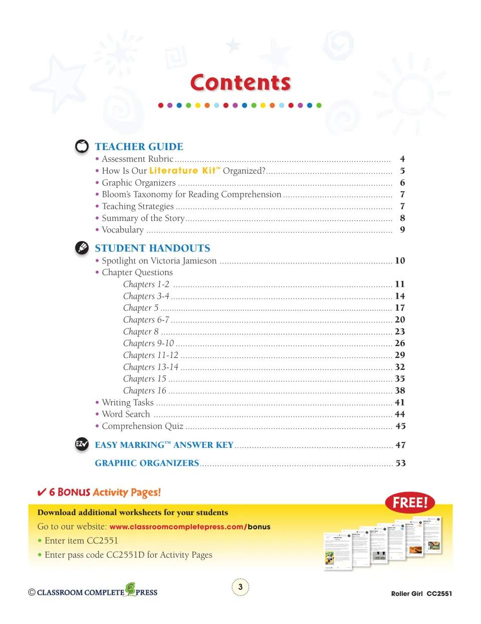 Contents lists the teacher guide, chapter questions, writing tasks, quiz, answer key, and graphic organizers