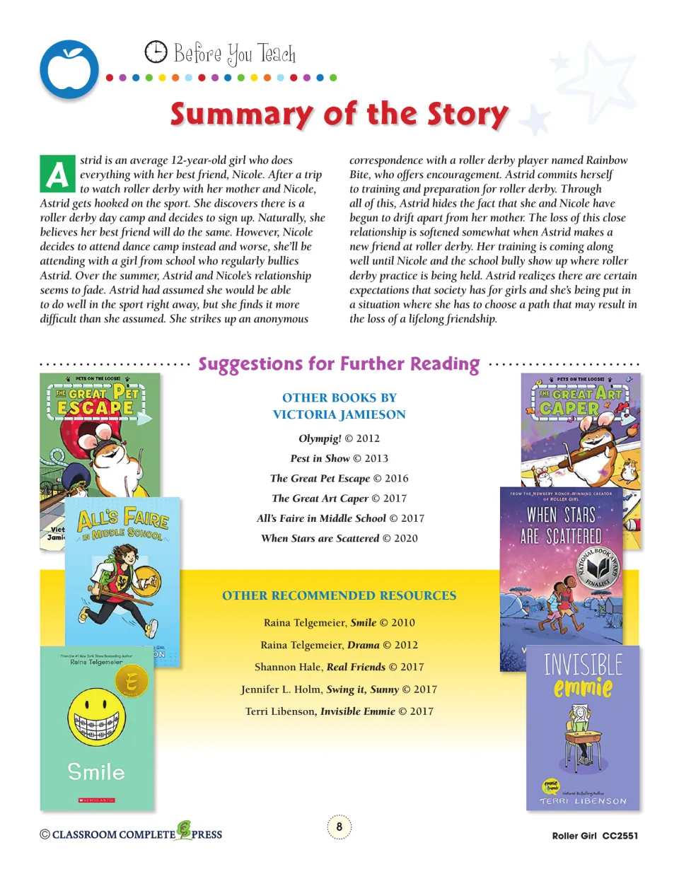 Story summary follows Astrid's roller derby training and changing friendship with Nicole; reading list follows
