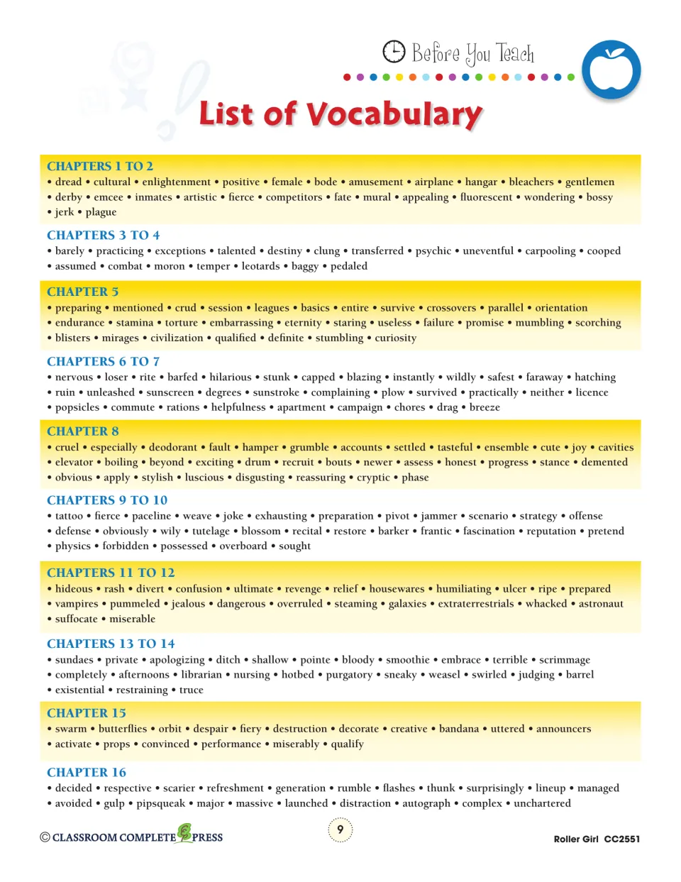 Vocabulary reference groups words by chapters 1–16, including enlightenment, endurance, tutelage, and uncharted