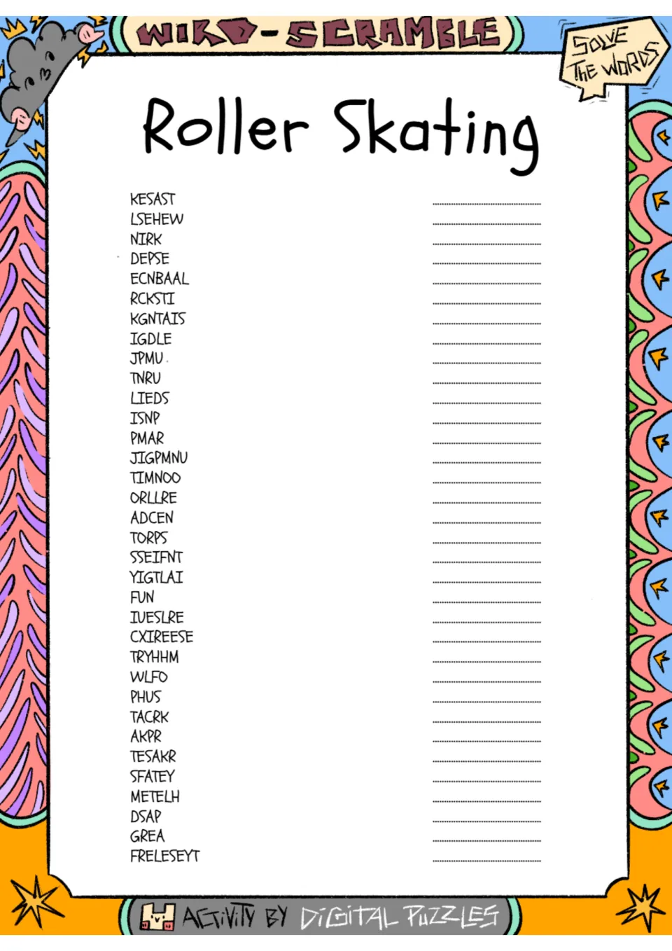 Roller skating word scramble: students unscramble 35 words such as KESAST and NIRK and write each answer on the line