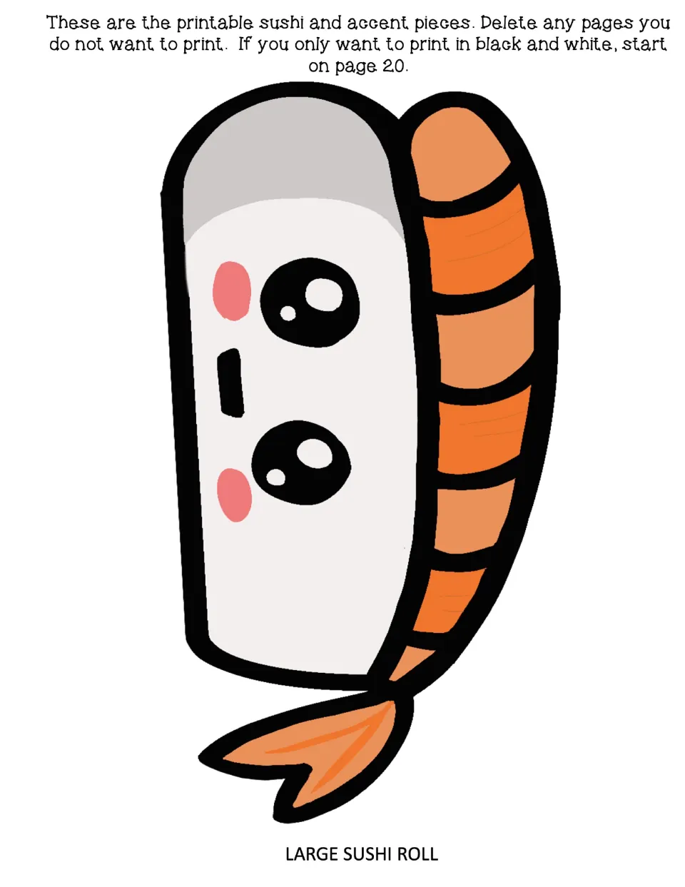 Large shrimp nigiri cut-out with a cute face, plus a note to delete unwanted pages or start on page 20 for black and white